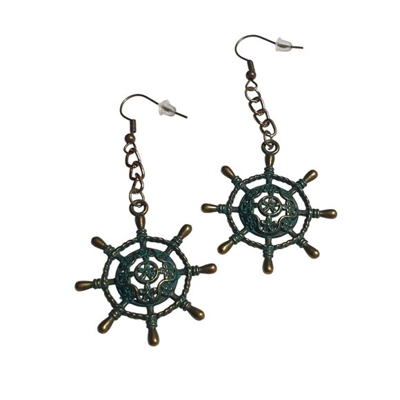 Nautical Ship Wheel Drop Earrings Antique Bronze Patina Chain Hook Dangle Beach - Picture 1 of 5